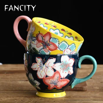  FANCITY Творчески керамични чай с ръчно рисувани, чаша за закуска, чаша за мляко, голяма чаша за корема, чаша за десерт, чаша за овесена каша, по-голям капацитет за дома