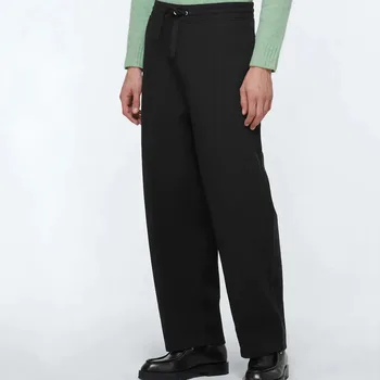  Мъжки Свободни Преки Вълнени Панталони от Смесовой Тъкан, Есенно-зимни Нови корейски Мода Тенденция на Ежедневни Панталони с Еластичен Шнурком на Талията