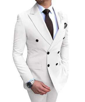  Двубортные Мъжки костюми Бели смокинги за Младоженеца с Ревера, 2 броя, Сватба Кума (Яке + панталон + вратовръзка) C971