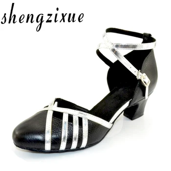  WUXIJIAO/дамски обувки от естествена кожа в сребърен цвят, изкуствена кожа със затворени пръсти, за балните танци, обувки за латинските танци подметка, каблук5/6/7 см