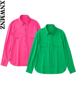  XNWMNZ 2022 пролет лято дамски модни свободна и елегантна риза с джобове в разговорния стил с дълги ръкави и цепка отстрани дамски елегантна риза