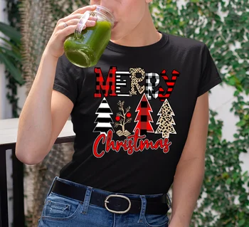  Весела Коледа, Тениски с принтом Многоцветни дървета, Графични Тениски за Жени, Ежедневни Козметична Дрехи, Кръгъл Отвор, Дамски Топ
