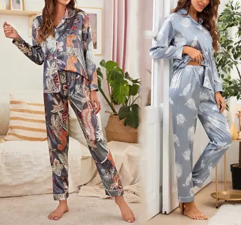  Дамска пижама с дълъг ръкав, Пижама с Флорални Принтом, Копринени блузи копчета и Свободни панталони
