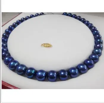  страхотно 9-10 мм таитянское черно синьо перлена огърлица 18 инча