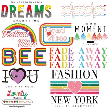  Модни Цветни Райета букви във формата на сърце, Винил печат, Ютия Върху тениска за момичета, Теплопередающие Етикети на Училищни чанти