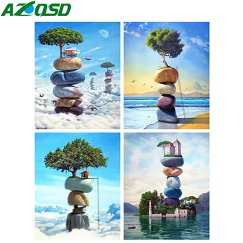  AZQSD Живопис По Номера Пейзаж Приморски Каменна Къща на Дърво Облак Ръчно Рисувани Комплекти Върху Платно 60x75 см в Рамка направи си Сам Начало Декор