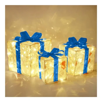  Комплект от 3 Светещи Коледни украси в кутия за Подарък с Лък под Елхата за украса на Двора и у дома