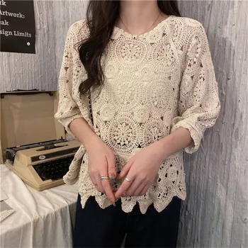  Корейски Стил Секси Отворена Лейси Блуза 2021 Пролет Бохо Облекло Вязаный Пуловер На Една Кука Блузи Женска Риза Лято Blusa Mujer