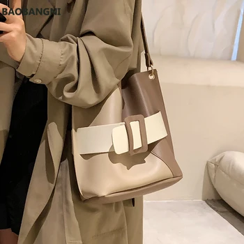  Контрастная цветен Голяма чанта-чанта, Зимно Нова Висококачествена Дамска Дизайнерска чанта от Изкуствена кожа, Реколта чанта-месинджър на рамото