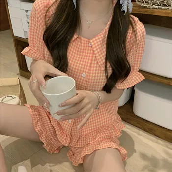  Корейски Карирани Годишният Пижамный Комплект, Женска Блуза с яка 