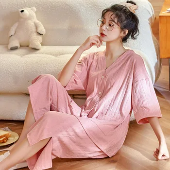  Fdfklak Чист Памук Нов Жилетка С Дълъг Ръкав Пижамный Комплект Пролет Лято Корейски Свободно Време За Начало На Дрехи Удобна Мека Мода