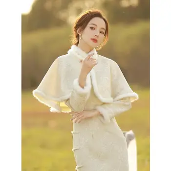  2023 Традиционната рокля qi pao в китайски стил, женски винтажное рокля, елегантна женствена рокля есен-зима, комплект от 2 теми, френски стил, чонсам a384