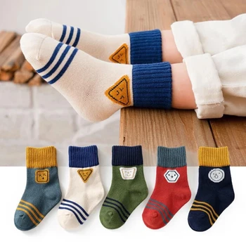  5 двойки/лот, детски памучни чорапи, есен-зима, Пролет, Топли Чорапи със Средна Дължина, за момчета и момичета, спортни чорапи в ивица с анимационни герои