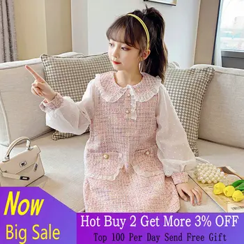 Рокля за малки момичета 2020 г., рокля с дълги ръкави в корейски стил в стил мозайка, рокля на Принцеса за малки деца, дрехи за деца от 4 до 12 години