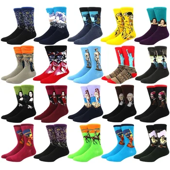 5 Чифта Памучни мъжки художествени Чорапи с Принтом в ретро стил, есенно-зимни Щастливи Чорапи, Дамски Сладки Забавни Чорапи с картина на Ван Гог, Дропшоппинг