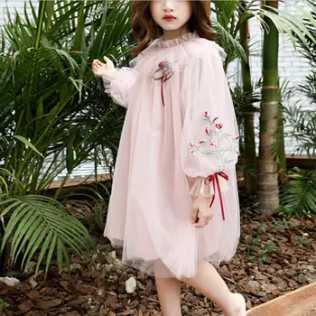  Безплатна доставка, пролетно-лятно сетчатое рокля за малки момиченца, красив бебешка рокля с бродерия на цветя, празнична дрехи с дълги ръкави, 450
