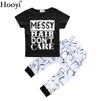  Hooyi/ Летен Комплект Дрехи за малките момичета, Детски Черна Тениска, Бяла брючный Костюм, Хаотичен, косата, Детски дрехи, Блузи от 100% памук