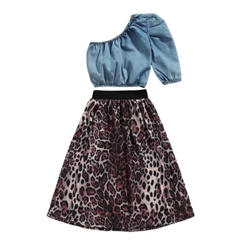  2021-07-19 Lioraitiin от 2 до 7 години За малки момичета, Комплект дрехи от 2 теми, Модни пола, топ с едно рамо, рокля с леопардовым принтом