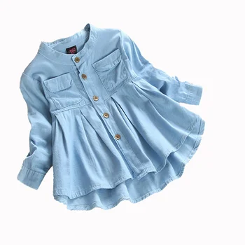  2021 Пролет-есен Джинсовое рокля-риза с дълги ръкави за момичета, детска пола със среден размер, Деним риза с висока яка, Панталон