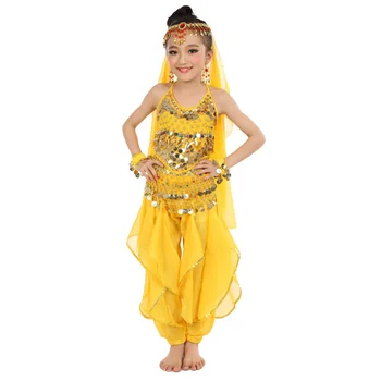  2022 Нова Мода Деца Танц На Корема Момичета 8 Цвята Индийското Представа Плат Танцови Костюми Без Ръкави Боливуд Танцови Костюми