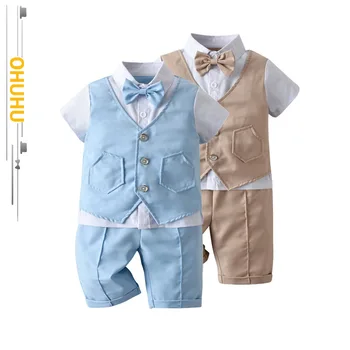  2022 Летни Нови детски комплекти дрехи за най-малките момчета в британския джентльменском стил с лък, Однотонная Тънка облекло от две части, с къси ръкави 3165