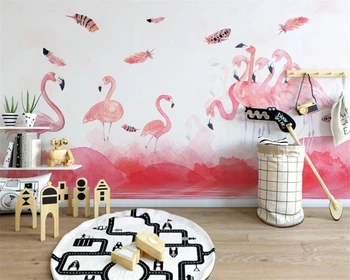  Потребителски тапети проста акварел ръчно рисувани фламинго перо тапети карикатура детска стая фон на стените, 3d тапети