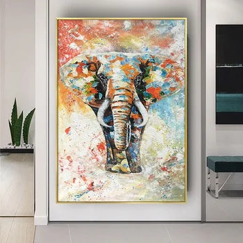  Ръчно Рисувани Абстрактен Африкански Слон Живопис С Маслени Бои Върху Платно Голям Размер Животни, С Монтиран На Стената Плакат На Поп-Арт Картина За Спалня Декор