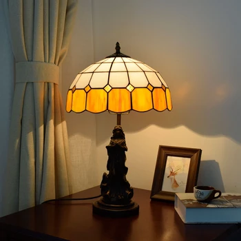  12-инчов Модерен прост оранжево красотата настолна лампа Tiffany Витражи Ретро бар ресторант детска спалня, нощно шкафче лампа