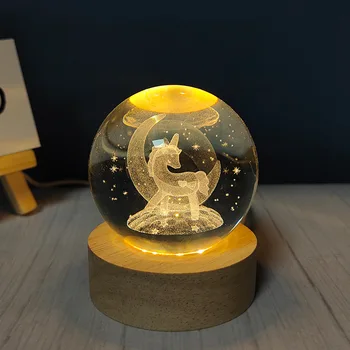  3D Лазерно Гравиране Кристална Топка лека нощ Usb Plug-in Карикатура Еднорог Светлинен Топката Подарък Слънчевата Система Стъклени топки за Украса