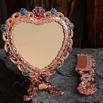  Европейското Винтажное Ръчно Огледало Във Формата На Сърце, Огледална Рамка За Грим, Карманное Огледало За Подарък На Едно Момиче