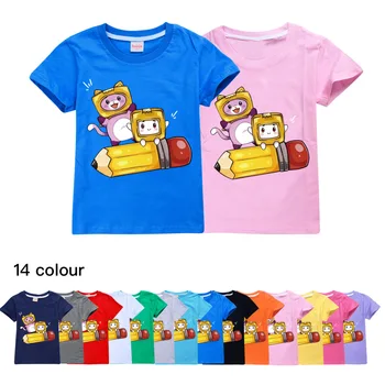  Модни детски дрехи Lankybox, Тениска, Всекидневни Топ с къс ръкав за деца, годишният памук топ с кръгло деколте и шарките от картун за момчета от 2 до 14 години