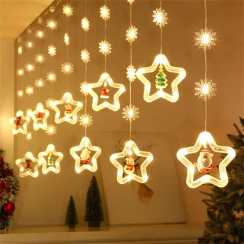  3 М Коледен Завеса Струнни Светлините на Коледната Звезда Снежинки Висящи Лампи с Декорации във формата на Елен на Дядо Коледа Прозорци Светлини