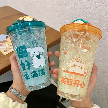  Двойна чаша с лед от кремнеземной слама може да се използва за лед, кафе мляко и друга с двойна пластмасова сламен чаша корейски дизайн за спортове на открито