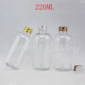  220 мл кръгла Прозрачна пластмасова бутилка с алуминиева капачка, 220 cc Празен Козметични контейнер, разливане лосион / тонер (24 бр./лот)